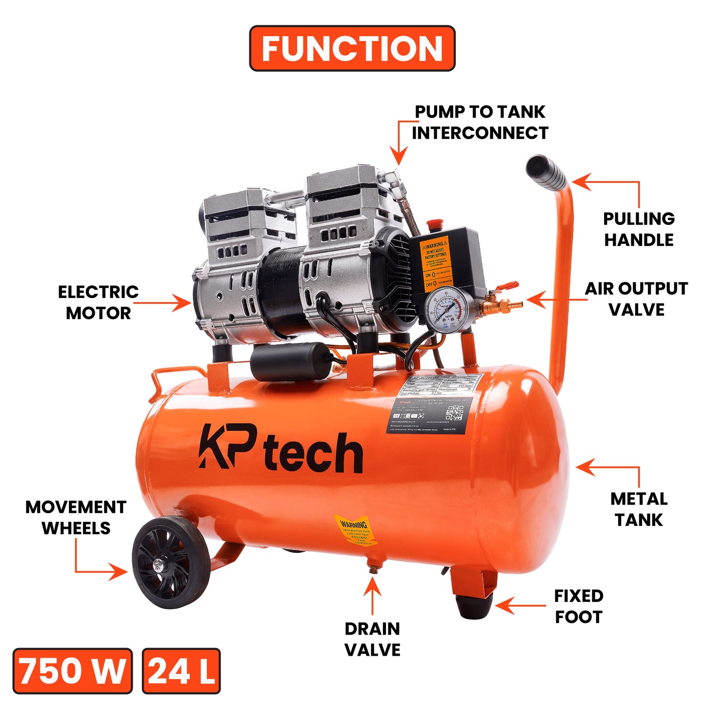 Oil free and silent Air compressor 750W | 24L Tank