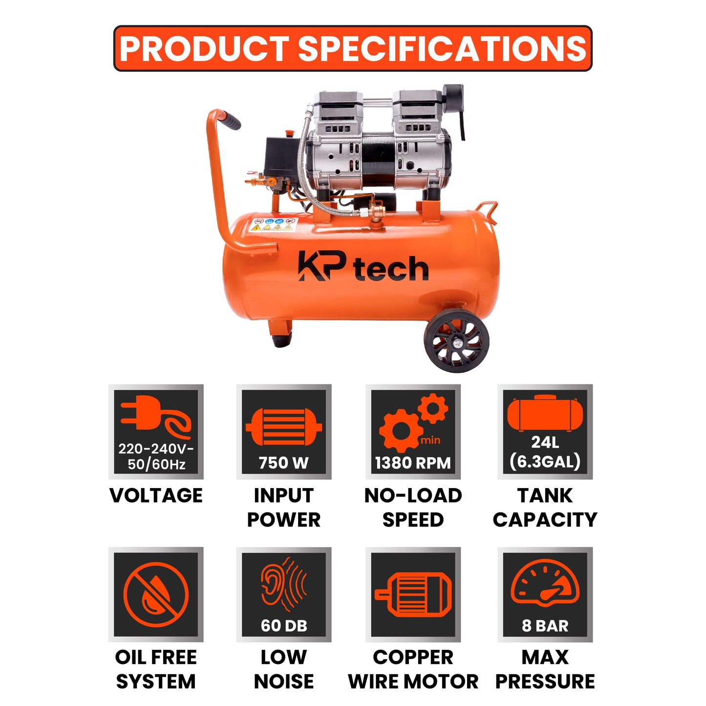 Oil free and silent Air compressor 750W | 24L Tank