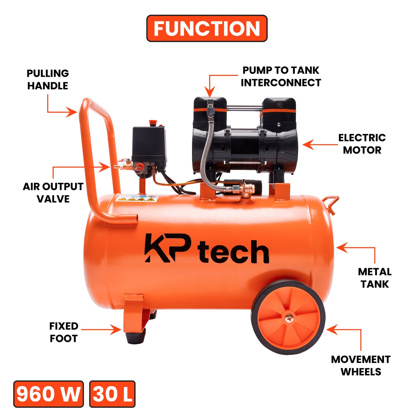 Oil free and silent Air compressor 960W | 30L Tank