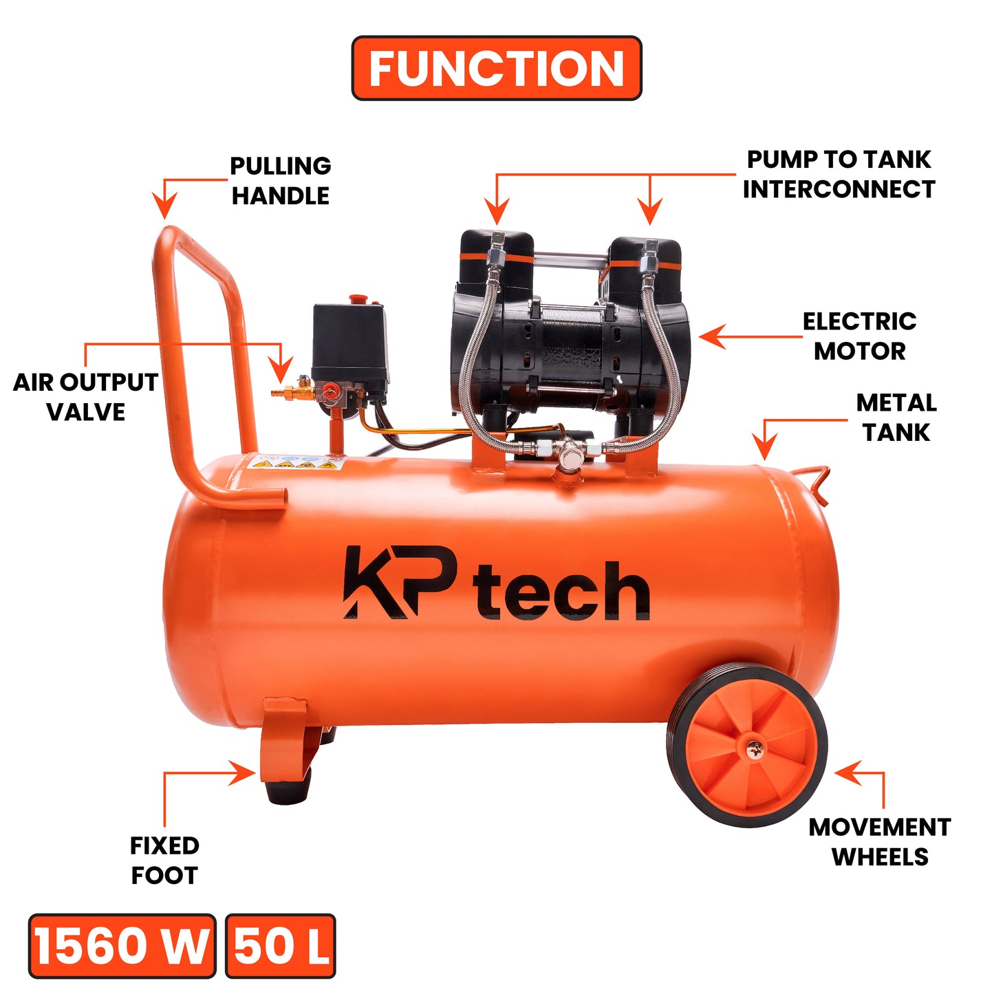 Oil free and silent Air compressor 1560W | 50L Tank