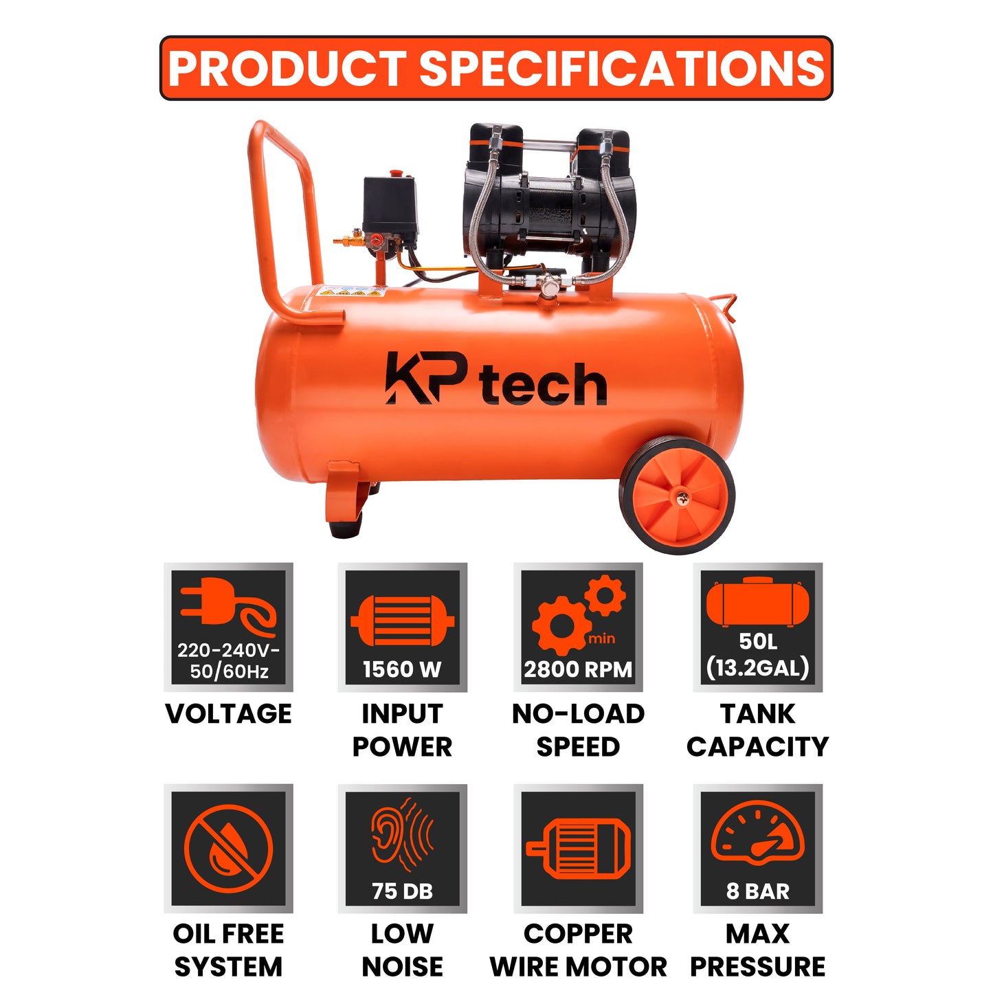 Oil free and silent Air compressor 1560W | 50L Tank