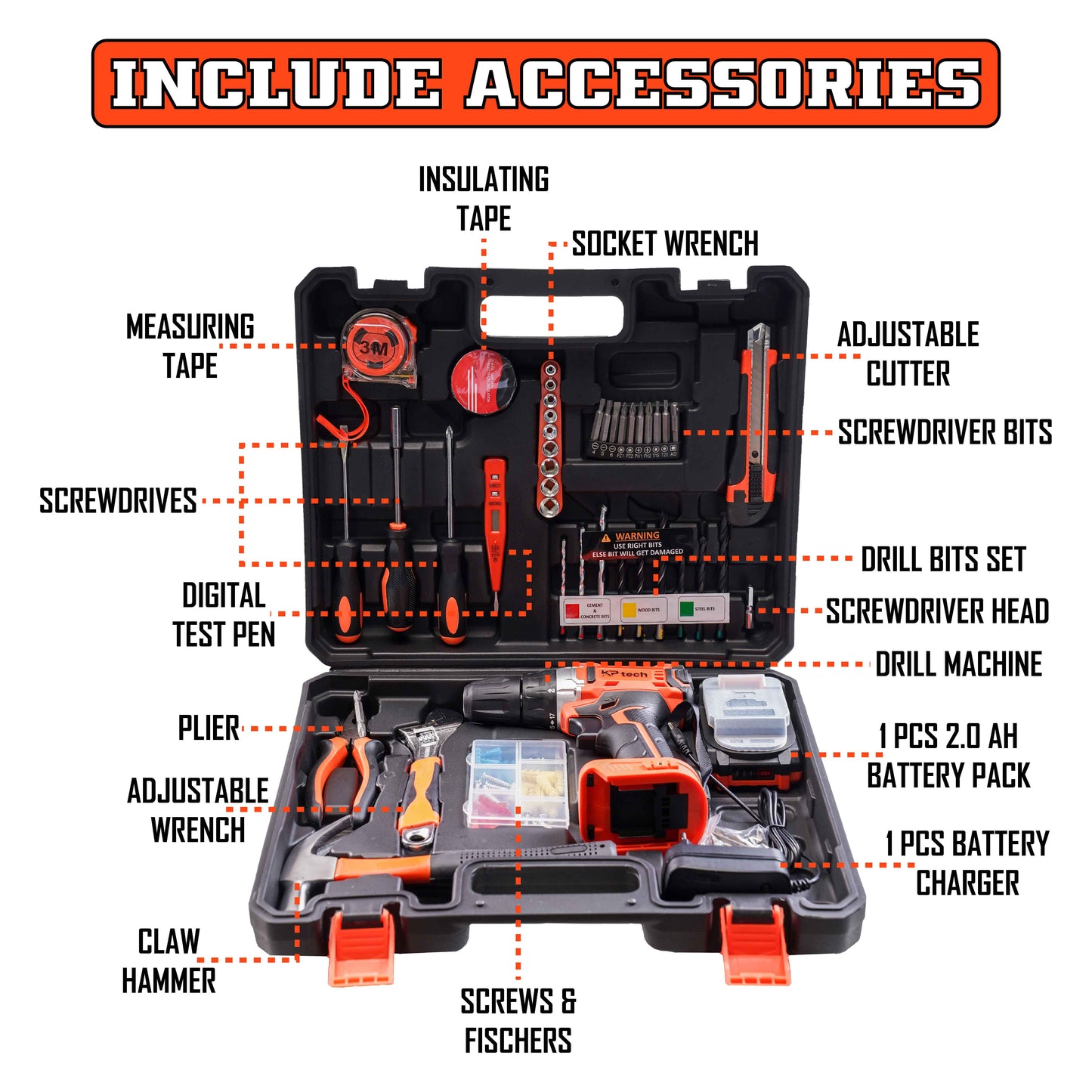 Tool Kit with 20V Cordless Impact Drill | 35 NM Torque
