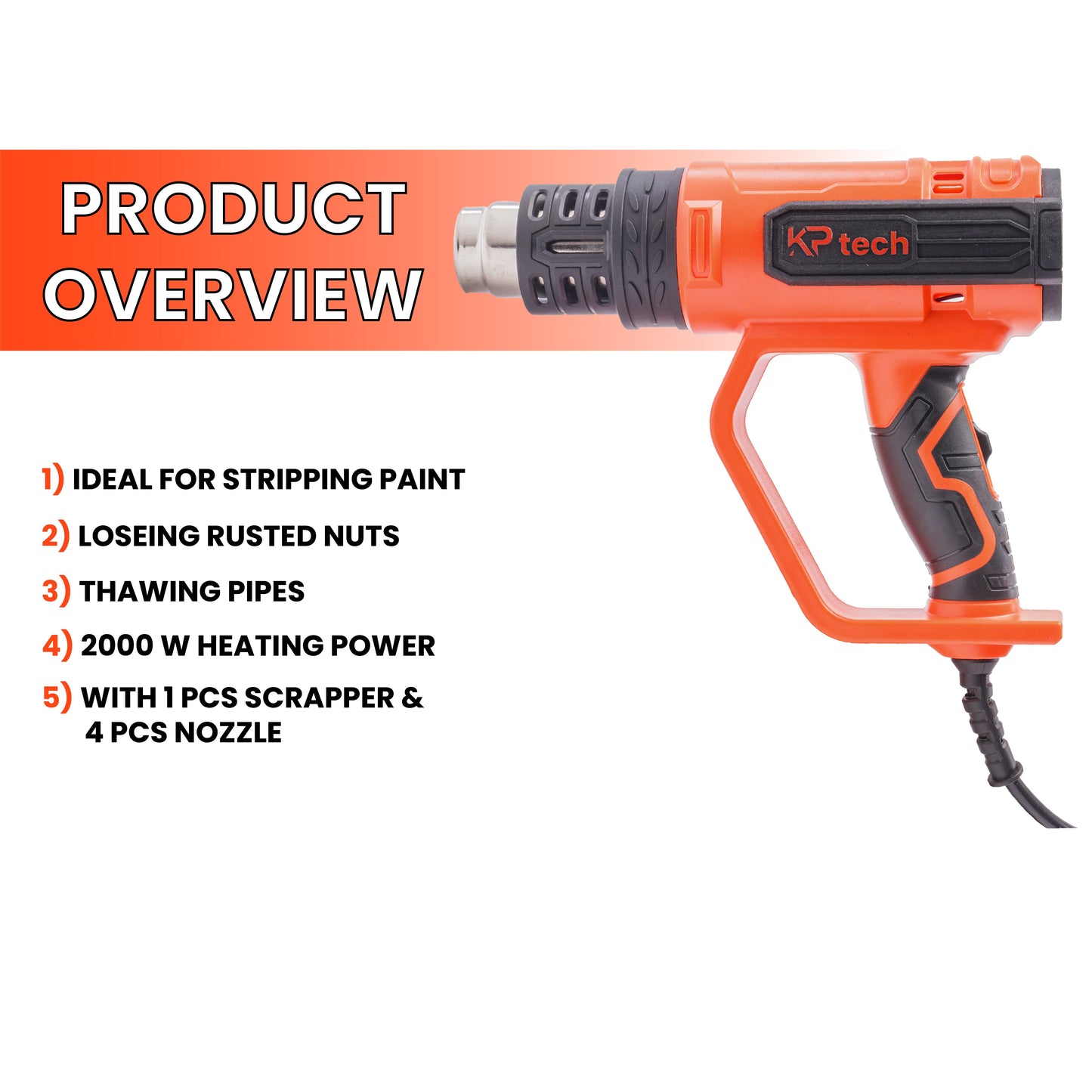 Heat gun 2000W | With 1pcs scraper and 4 pcs nozzles