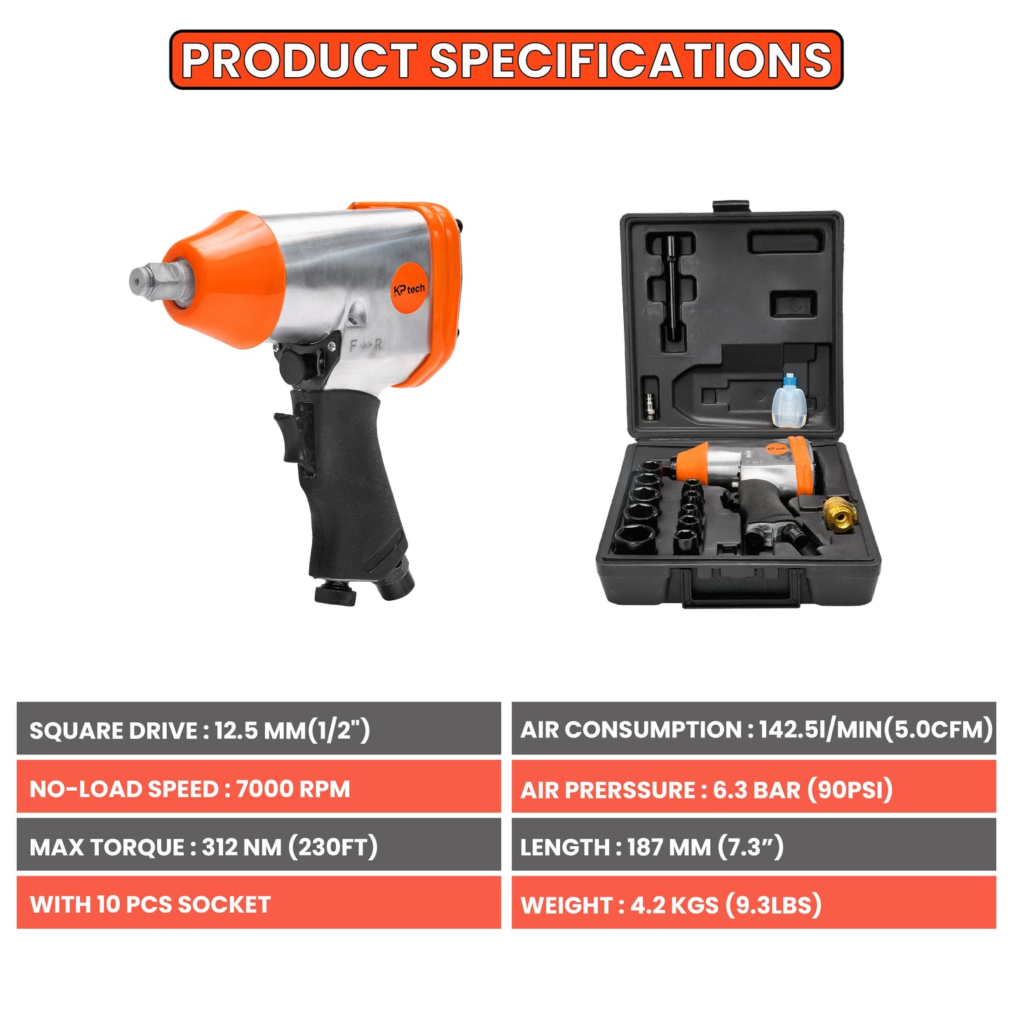 Air impact wrench kit 312Nm(230ft)