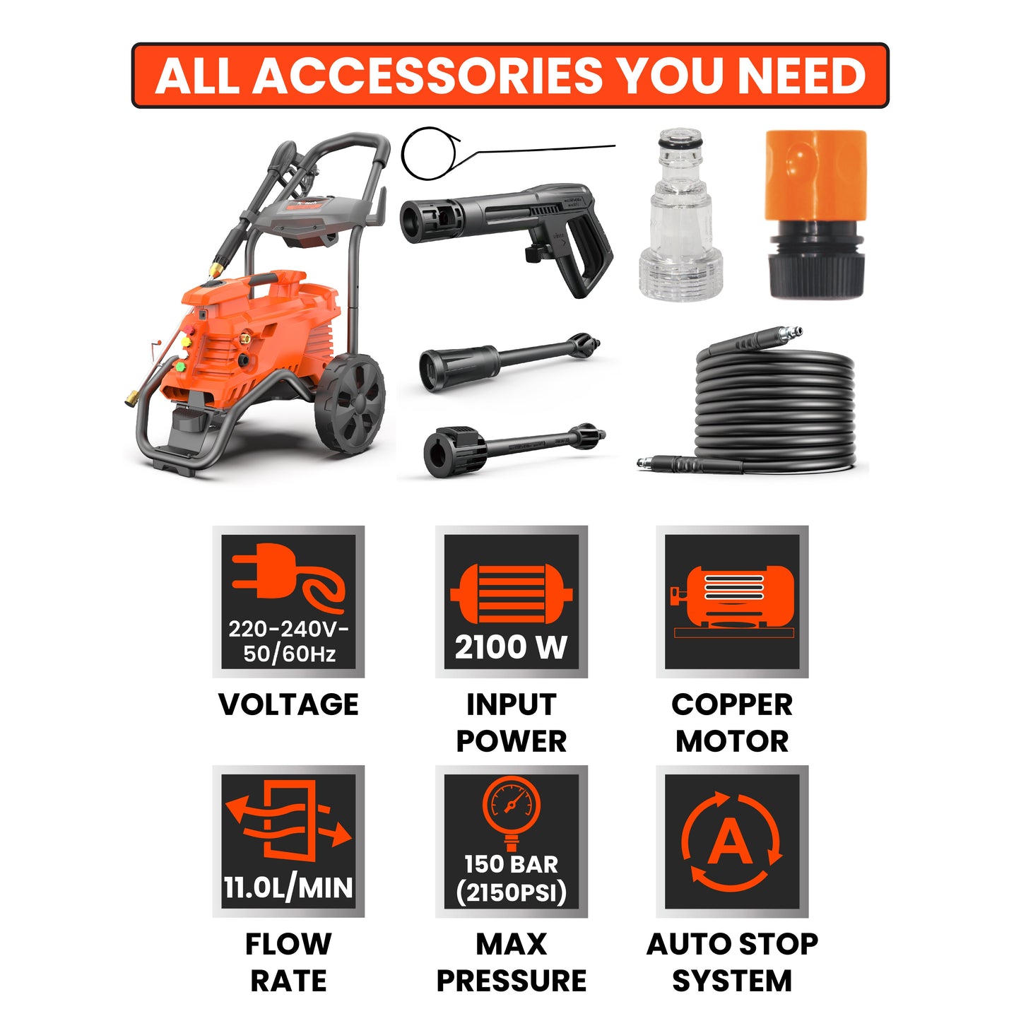 High pressure washer 2100W | 150Bar(2150PSI) Pressure