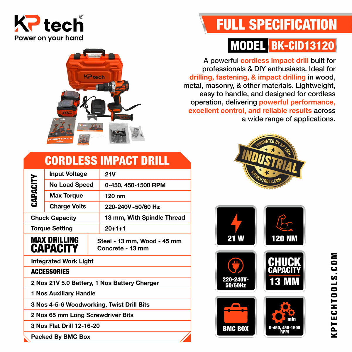 Cordless Impact Drill 21V 5.0Ah | 120 NM | 0-450, 450-1500 RPM | BK-CID13120