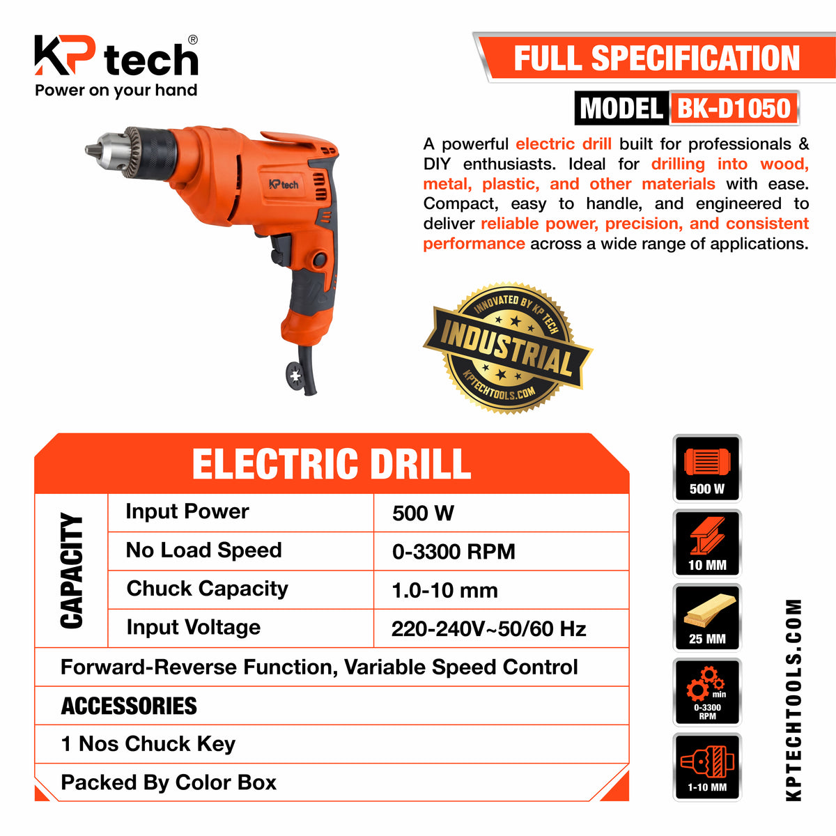 Electric Drill 500W | 10mm Chuck | BK-D1050