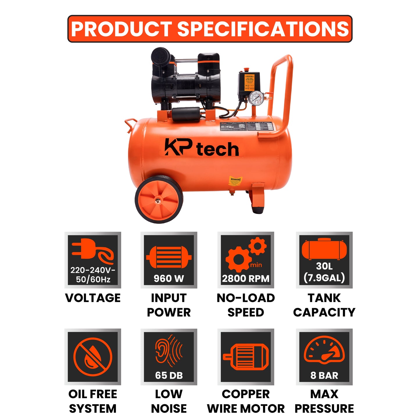 Oil free and silent Air compressor 960W | 30L Tank