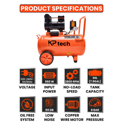 Oil free and silent Air compressor 960W | 30L Tank