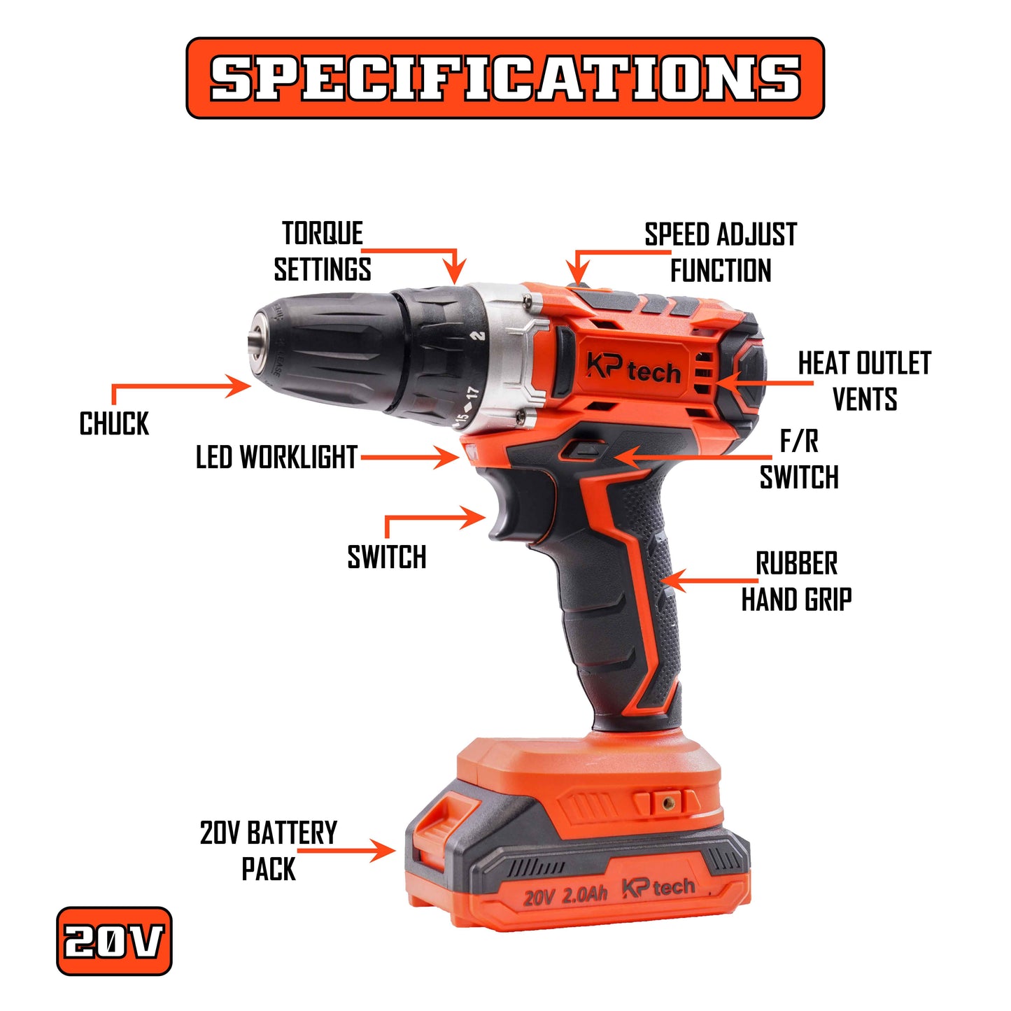 Tool Kit with 20V Cordless Impact Drill | 35 NM Torque