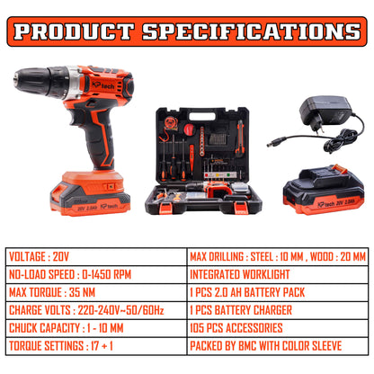 Tool Kit with 20V Cordless Impact Drill | 35 NM Torque