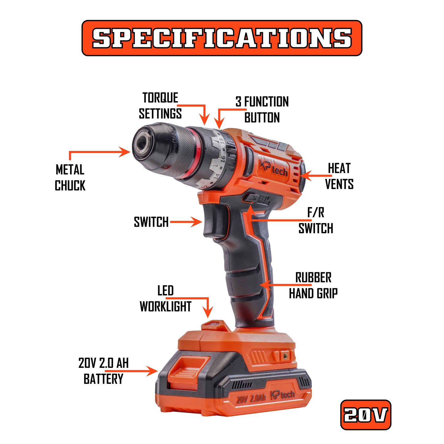 Tool Kit with 20V Cordless Impact Drill | 45 NM Torque