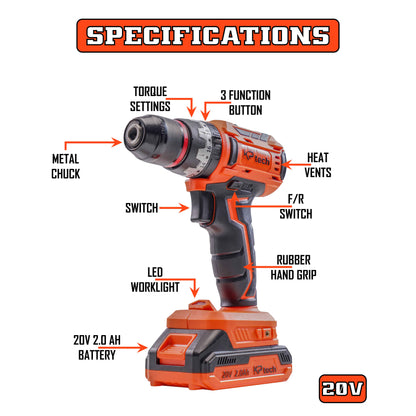 Tool Kit with 20V Cordless Impact Drill | 45 NM Torque