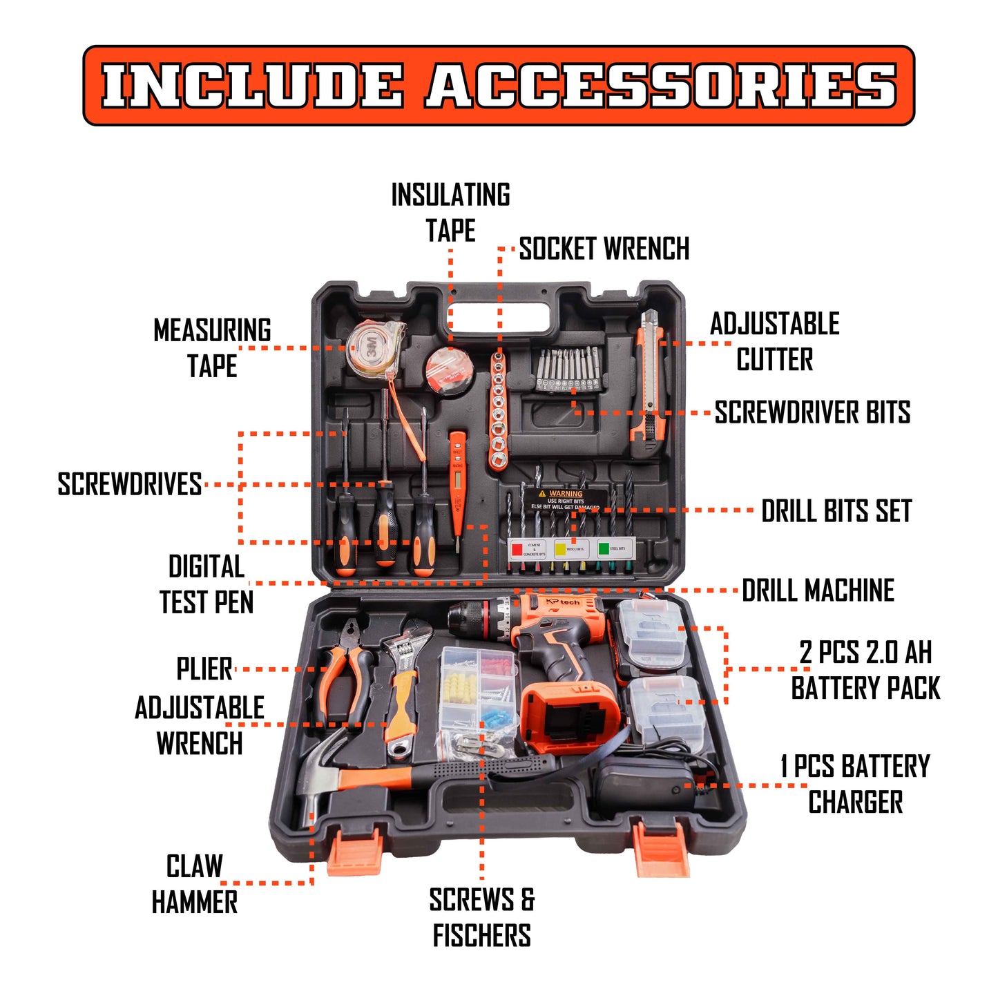Tool Kit with 20V Cordless Impact Drill | 45 NM Torque