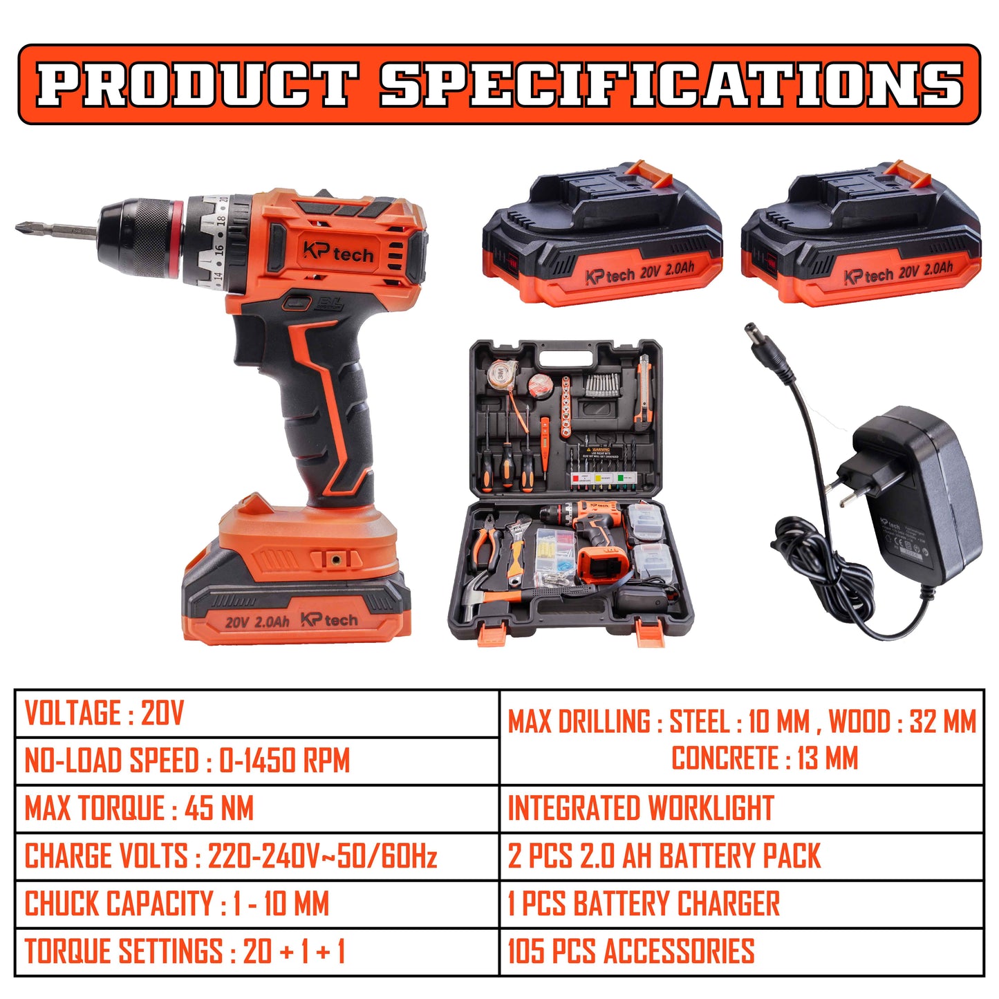 Tool Kit with 20V Cordless Impact Drill | 45 NM Torque