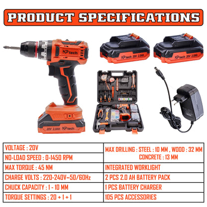 Tool Kit with 20V Cordless Impact Drill | 45 NM Torque