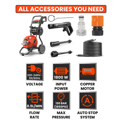 KP Tech High pressure washer 1800W | 130Bar(1850PSI) Pressure