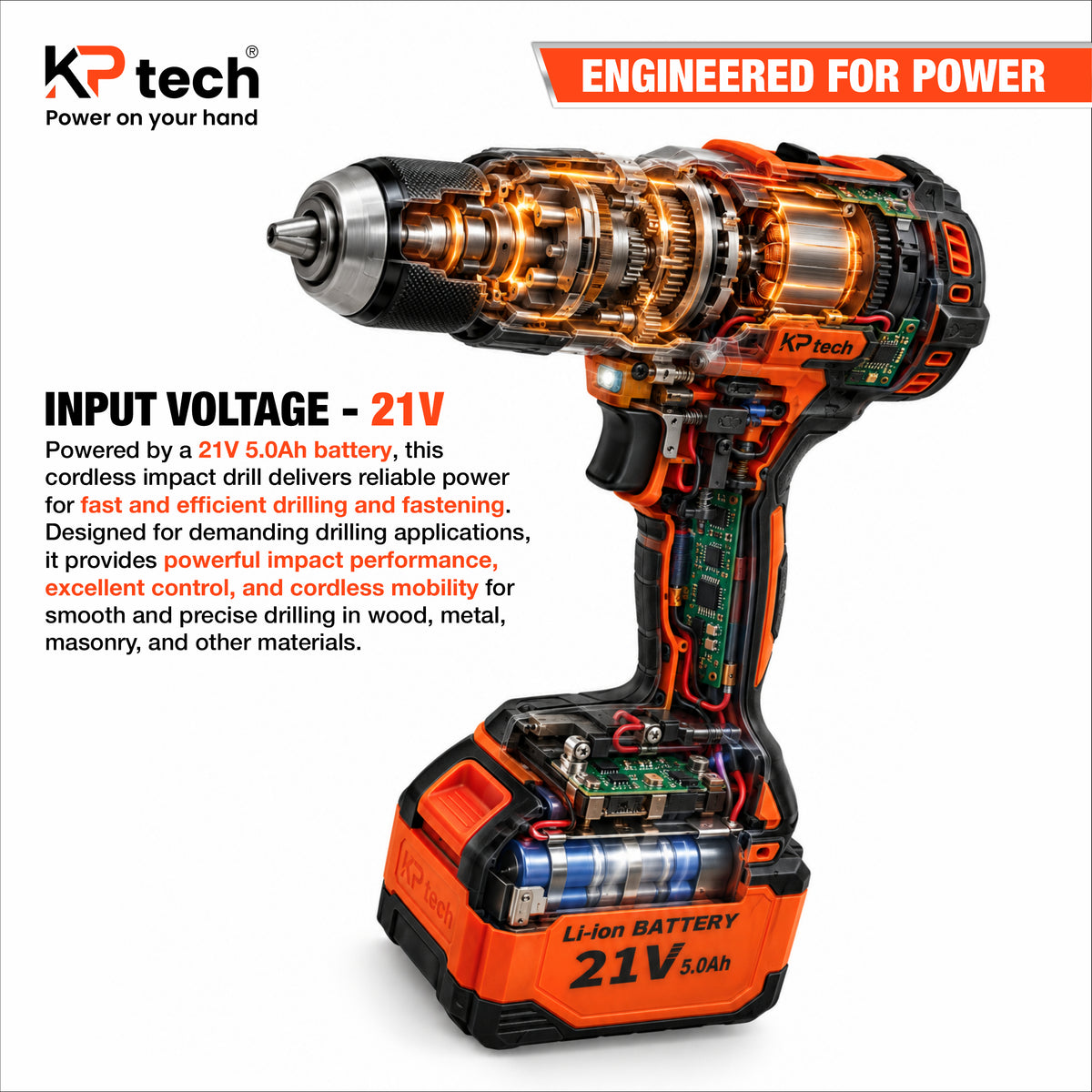 Cordless Impact Drill 21V 5.0Ah | 120 NM | 0-450, 450-1500 RPM | BK-CID13120