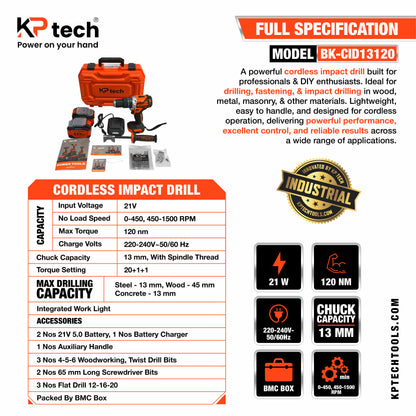 Cordless Impact Drill 21V 5.0Ah | 120 NM | 0-450, 450-1500 RPM | BK-CID13120