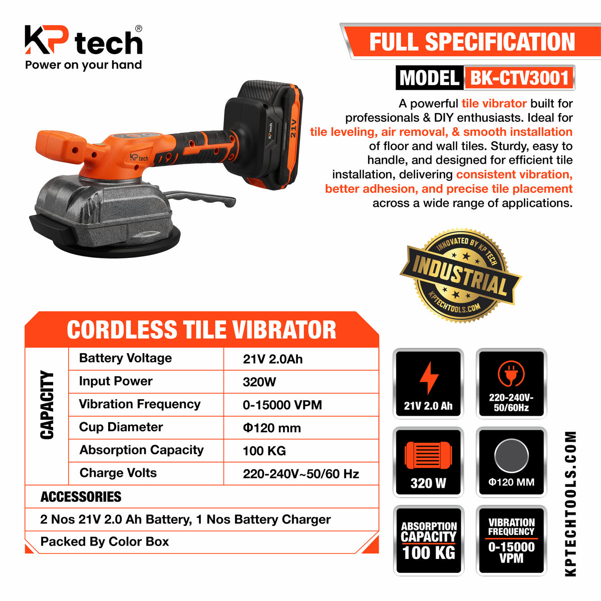 Cordless Tile Vibrator 21V 2.0Ah | 0-15000 VPM | BK-CTV3001