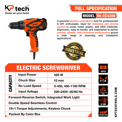 Electric Screwdriver 420W | 0-450, 450-1100 RPM | BK-ED4208