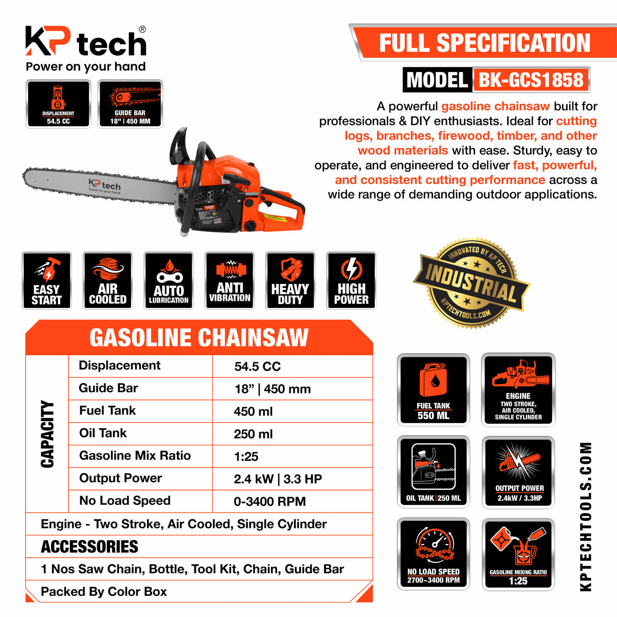 Gasoline Chainsaw 54.4CC | 18"(450mm) | BK-GCS1858